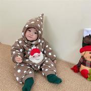 婴儿哈衣冬季新生儿保暖棉服宝宝，红色圣诞加绒加厚连体衣连帽冬装