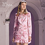vjcolivia2023春夏长袖，碎花连衣裙粉色抽褶修身中长裙气质女新