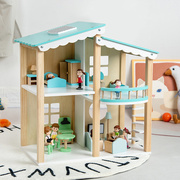 木制蓝色娃娃房儿童过家家别墅宝宝仿真房间家具亲子互动玩具