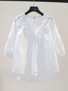 纯棉镂空绣花中袖白色，女圆领宽松百搭衬衣，2024夏季韩版小清新上衣