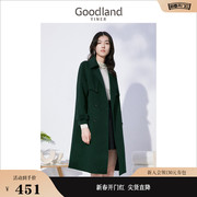 Goodland美地女装冬季双排扣设计感纯绵羊毛呢子大衣长款外套