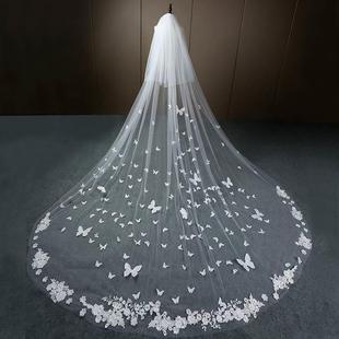 韩式浪漫蕾丝长拖尾镶嵌水钻软纱头纱，3.8米超长新娘结婚头纱