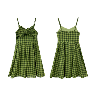 2024年夏款绿色格子吊带裙显瘦百搭连衣裙时尚休闲洋气