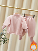 厂女童冬季套装2023小童粉色立领加绒加厚洋气时髦女宝宝两库