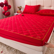结婚夹棉床笠三件套防滑床垫保护套新婚庆床品大红色床单床罩