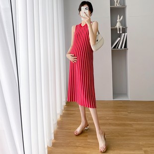 2022韩版冰丝针织吊带连衣裙女夏装外穿条纹孕妇无袖背心裙子