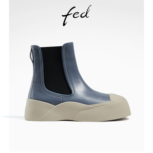 fed蓝色短靴冬季靴子，切尔西靴厚底，烟筒靴皮靴女r0927-zfa072