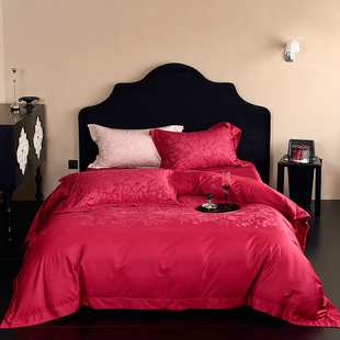 轻奢春夏超柔天丝棉大版提花四件套婚庆红色凉感被套床单床上用品