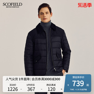 scofield冬季保暖舒适拼接翻领，时尚休闲男短款棉服黑色外套