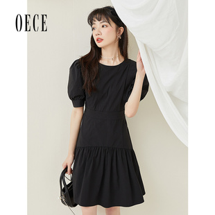 Oece复古小黑裙2024春夏女装法式小众气质裙子泡泡袖连衣裙