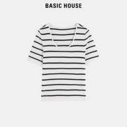 Basic House/百家好针织短袖T恤女2024春装短款修身条纹V领上衣春