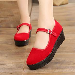 红色老北京布鞋松糕底舞蹈，高跟鞋民族风大红色加厚底，广场舞软底鞋