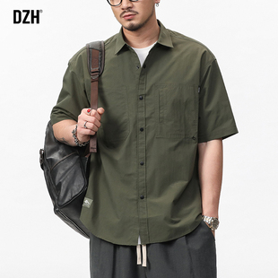 男士军绿色衬衫男短袖，美式工装休闲衬衣，夏季男装2024外套寸衫