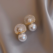 珍珠耳环2023年潮微镶水钻耳钉女纯银小众设计感高级时尚耳饰