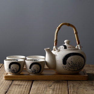 日式提梁壶一壶四杯简约陶瓷办公家用创意茶具套装茶杯相思木茶盘