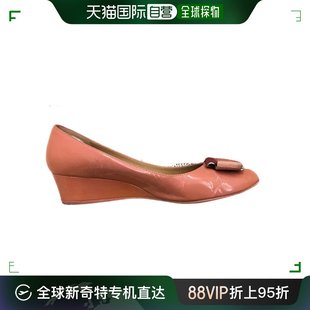 香港直邮Ferragamo菲拉格慕女士坡跟鞋粉色皮革金属扣蝴蝶结时尚
