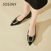 josiny卓诗尼平底单鞋，女2024夏季尖头黑色浅口气质软皮女鞋