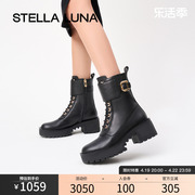 STELLA LUNA女鞋谢娜同款春秋季短筒靴子粗跟牛皮机车厚底马丁靴