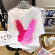欧货大版兔子oversize短袖T恤女2024夏季立体压花字母体恤衫