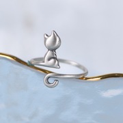 925纯银可爱小猫戒指复古泰银开口悠闲猫咪食指戒卡通个性戒子