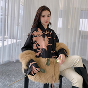 中式国风狐狸毛拼接(毛，拼接)刺绣皮草外套，女中长款冬季2023鹅绒羽绒服