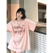 100%纯棉夏季日系甜妹穿搭浅粉色短袖，t恤女vintage字母印花体恤衫