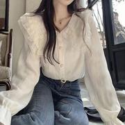 女士衬衫2025春秋设计感蕾丝娃娃领长袖时尚洋气时髦别致漂亮上衣