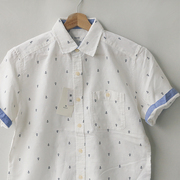 55亚麻棉麻清新透气水洗男衬衫衬衣外贸日本单翻领短袖口袋蓝