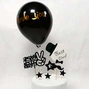 蛋糕装饰纯黑色气球儿童，生日派对创意装饰金色贴纸黑色气球插件