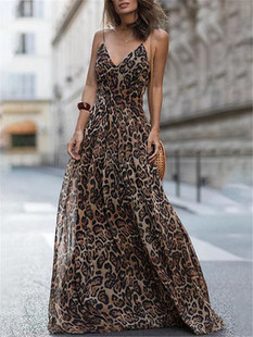 Ebay速卖通欧美时尚豹纹印花V领吊带连衣裙 长裙女潮