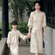 母女秋款亲子旗袍改良中国风，连衣裙古筝表演汉服母女装