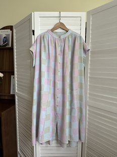 日系  文艺复古彩色格纹编织圆领大口袋短袖连衣裙宽松百搭袍子