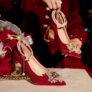 法式粗跟婚鞋女禾秀服婚纱两穿不累脚孕妇新娘鞋红色礼服高跟单鞋