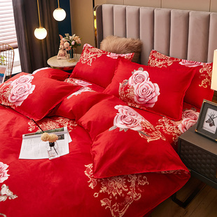 大红色纯棉加厚床单被套四件套全棉磨毛双人床中式婚庆六件套床品