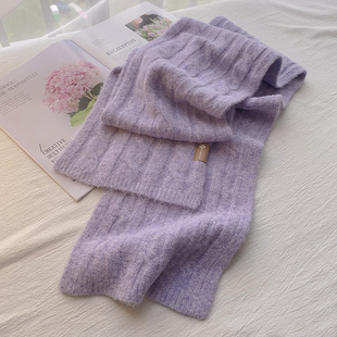 浅紫色麻花针织围巾柔软毛线，厚款女冬季羊毛，围脖纯色针织秋冬优雅