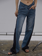 tmsstudiov型低腰休闲宽松磨白黑蓝色线条，分割秋季微喇做旧牛仔裤