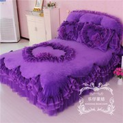 冬床裙式绗缝花边四件套少女，心双面绒床单床罩被套紫色家纺