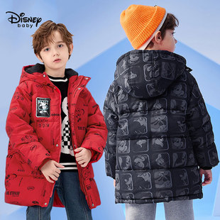 断码迪士尼冬装男童，加厚中长款羽绒服中小童宝宝，满印白鸭绒外套