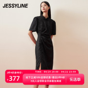 jessyline杰茜莱2024夏季黑色，新中式收腰显瘦气质短袖连衣裙