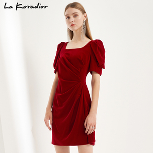 lakoradior拉珂蒂2024年春夏红色法式灯笼袖礼服收腰连衣裙