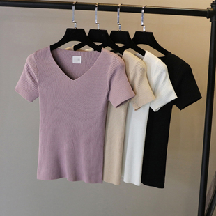 2023夏季紫色T恤女短款V领针织套头冰丝短袖薄修身春秋装打底衫潮
