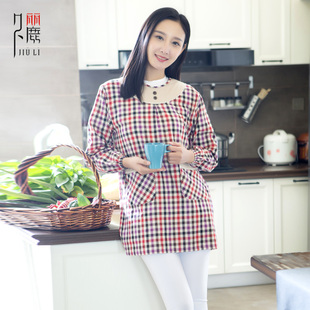 久丽简约韩版时尚厨房做饭围裙长袖纯棉女罩衣成人女款反穿衣