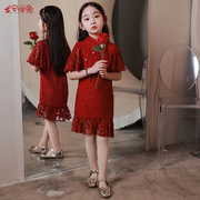 女童旗袍礼服花童婚礼儿童，改良中国风小女孩红色民国风连衣裙
