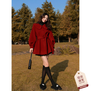 娃娃领红色羊毛大衣女冬装系带收腰减龄小个子双面呢子外套