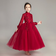 女童大码红色礼服公主裙儿童婚纱蓬蓬纱花童走秀主持人钢琴演出服