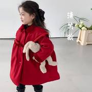 韩版女童2022冬款红色中长款外套，复古加厚新年过年拜年服毛呢大衣