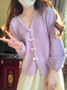 春季紫色v领针织开衫，女秋季外搭薄款毛衣外套软糯温柔蝴蝶结上衣