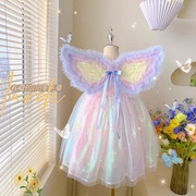 女童彩虹带翅膀公主裙夏季超仙洋气纱纱裙，儿童礼服演出服连衣裙子