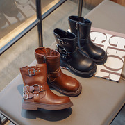 2023秋冬韩版短靴儿童西部牛仔靴子金属扣皮靴洋气女童骑士靴