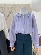 韩国甜美小众设计春季宽松镂空花边褶皱，娃娃领长袖衬衫女衬衣